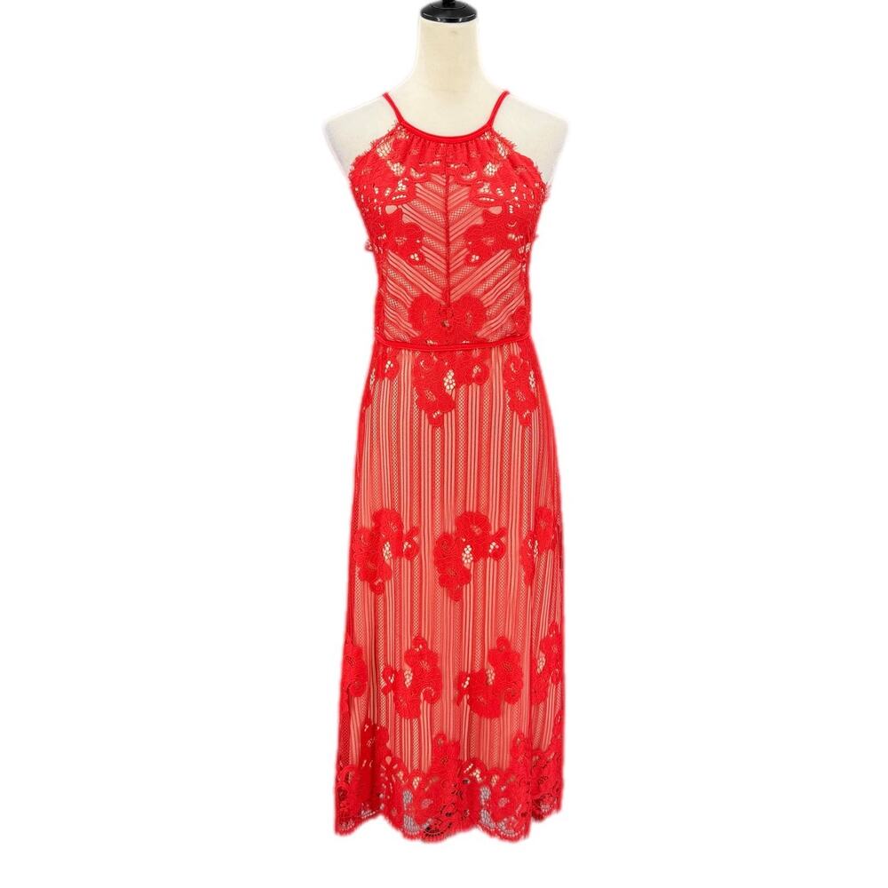 Chelsea & Violet Red Lace Halter Romantic Boho Maxi Cocktail Party Guest Dress